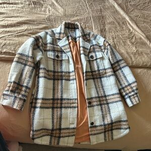 Old Navy Women’s Plaid Pea Coat - Cream, Tan, and Black